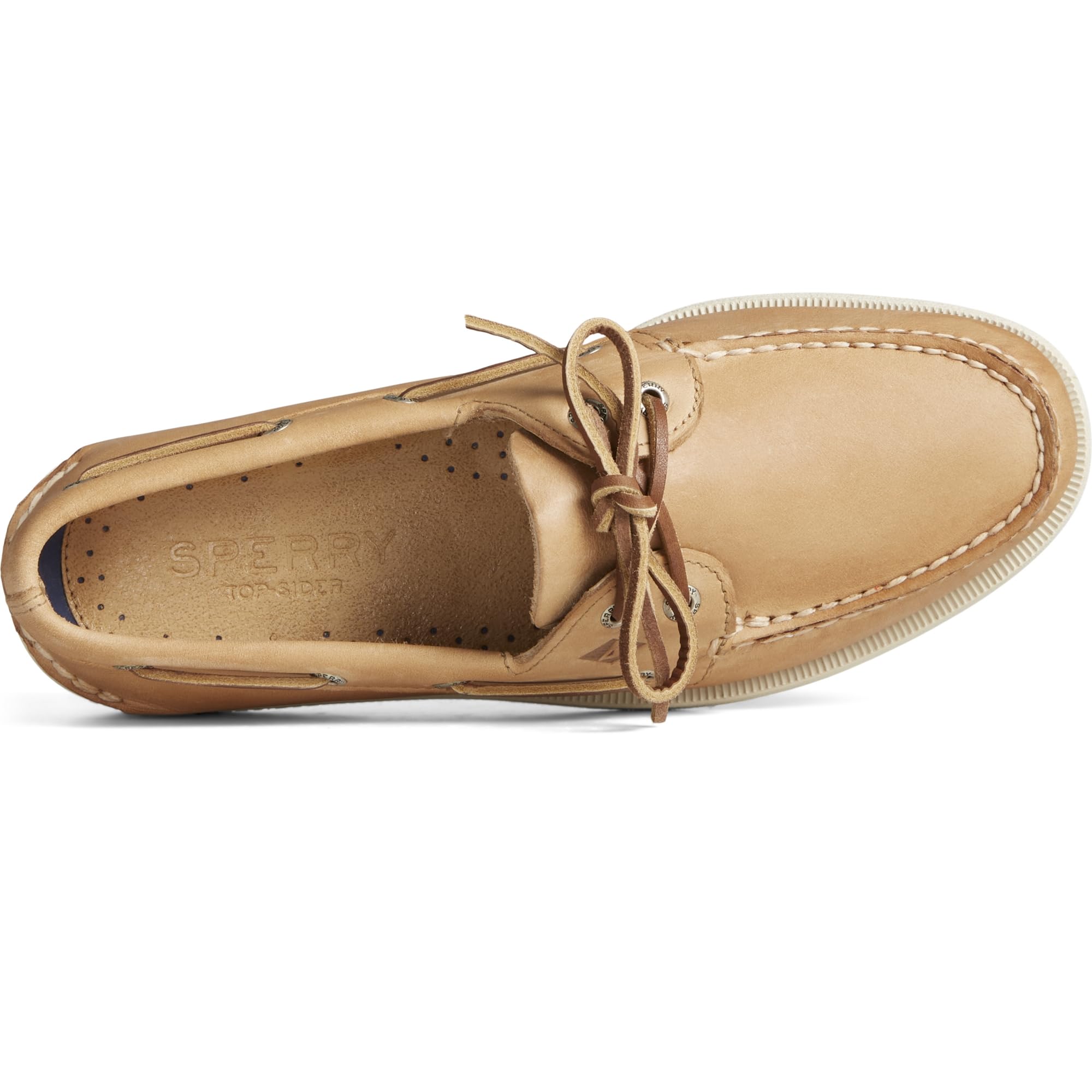 Top view of the Sperry A/O 2-EYE LEATHER men’s boat shoe in tan leather with moccasin stitching, a rounded toe, brown bow-tied laces, and a branded insole with small ventilation holes.