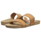 The Reef Cushion Vista - Womens sandals feature tan vegan leather with two wide straps and a flat beige sole, shown against a white background.