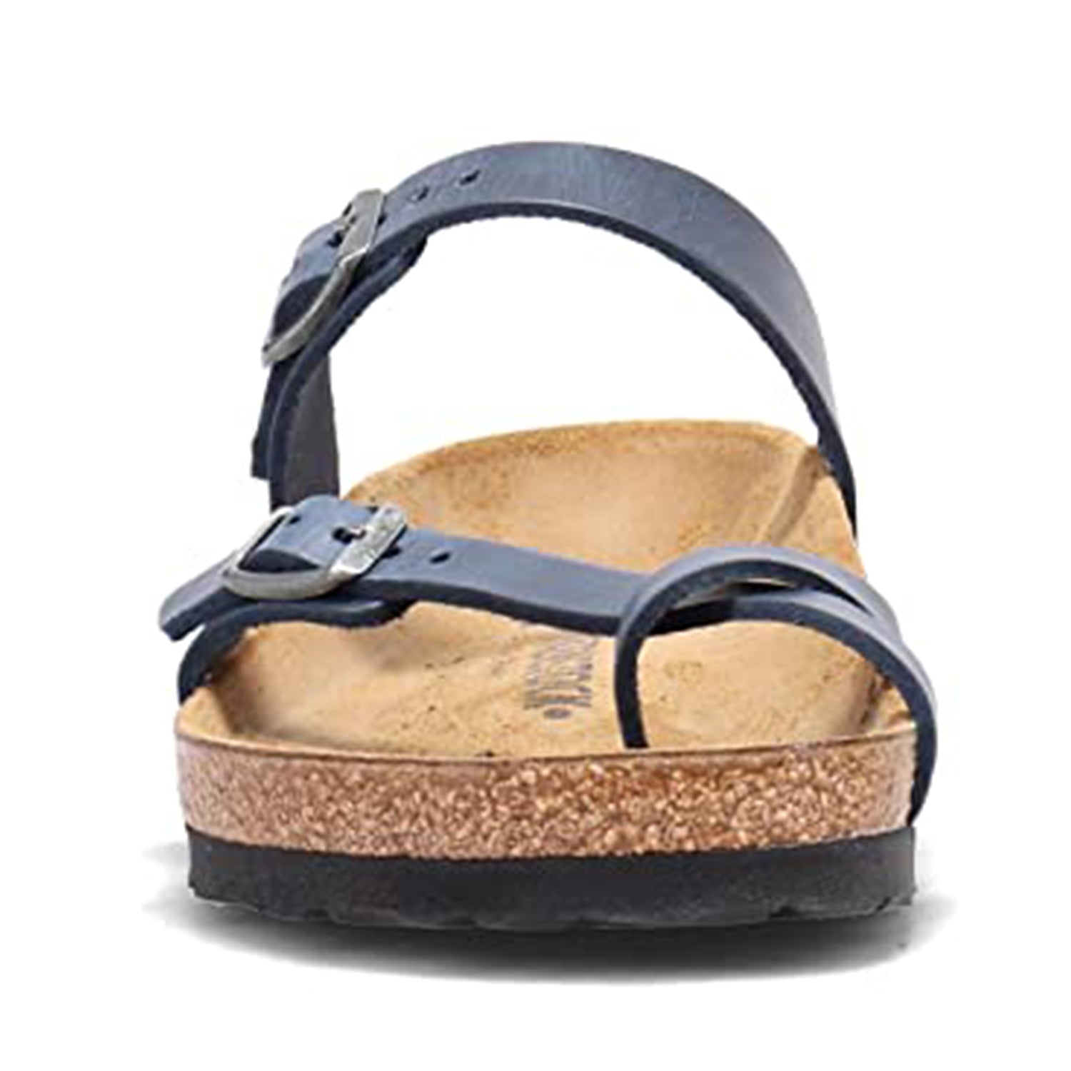 A front view of the Birkenstock Mayari Oiled Leather sandal for women, featuring a cork sole, black outsole, contoured footbed, and two blue oiled leather straps with metal buckles across the top.