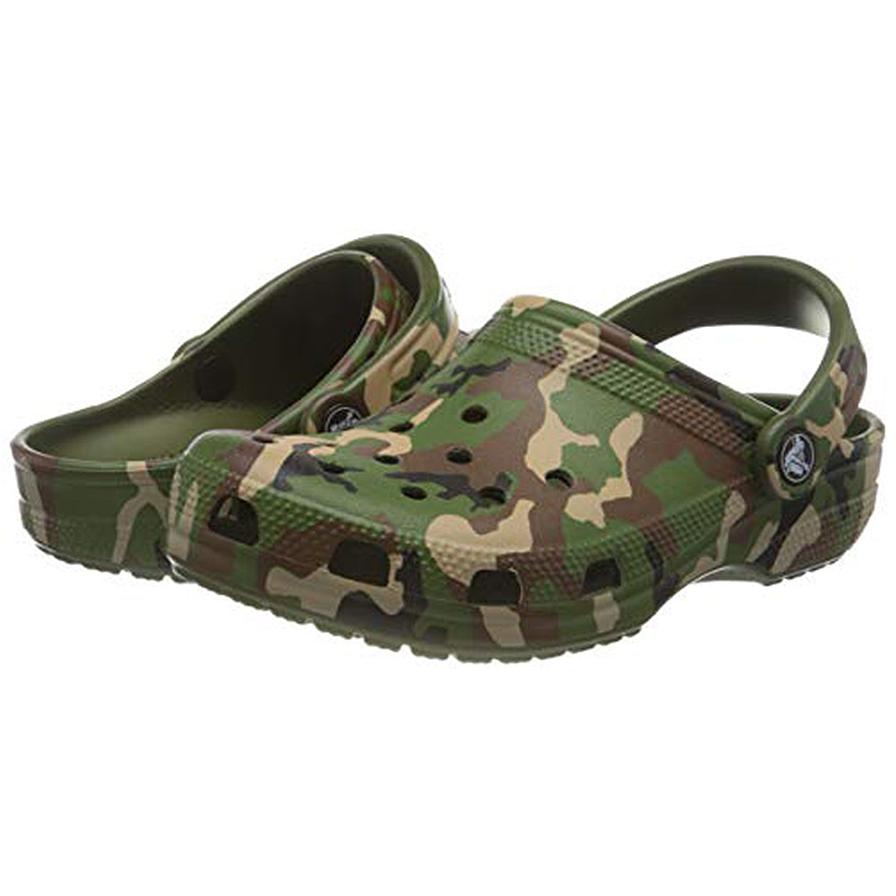 The Crocs Classic Camo Clog - Unisex features a green, brown, and beige camo pattern, ventilation holes, and a pivoting heel strap—comfortable slip-on water shoes perfect for everyday wear.