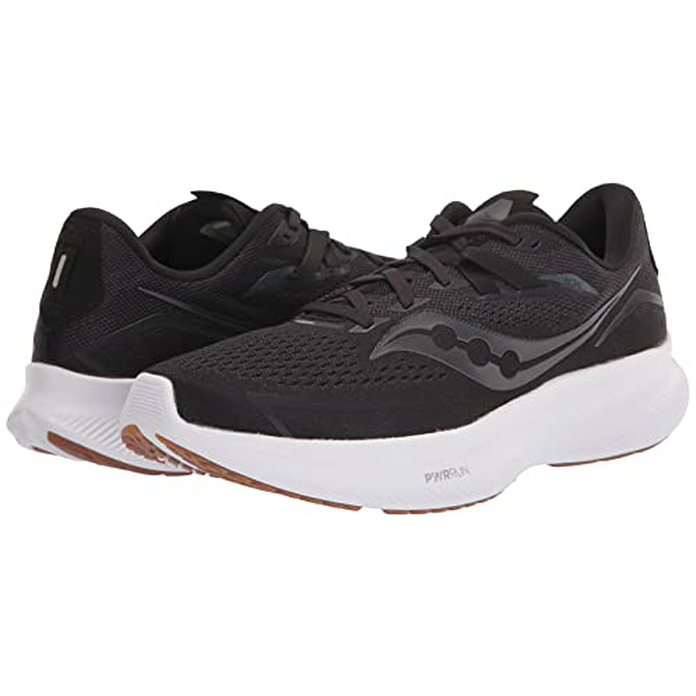 The Saucony Ride 15 - Womens is a pair of black lightweight running shoes with white soles and subtle logo detailing on the sides, shown at an angle to display both the side and front views.