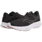 The Saucony Ride 15 - Womens is a pair of black lightweight running shoes with white soles and subtle logo detailing on the sides, shown at an angle to display both the side and front views.