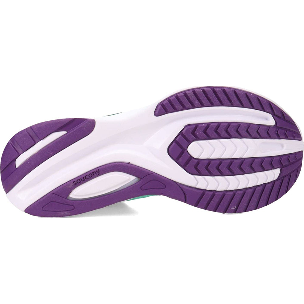 The Saucony Guide 15 - Womens running shoe has a white sole with purple and black rubber tread for traction, cushioned support for comfort, and the Saucony logo on the side.