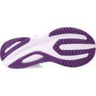 The Saucony Guide 15 - Womens running shoe has a white sole with purple and black rubber tread for traction, cushioned support for comfort, and the Saucony logo on the side.