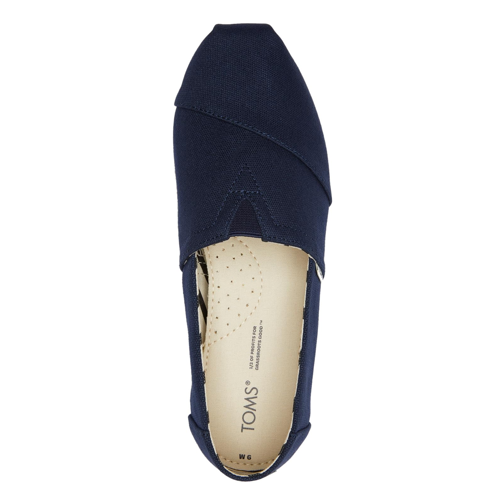 A top view of the TOMS Alpargata ESP - Women slip-on canvas shoe in navy blue, featuring a beige insole with the TOMS logo printed inside and showcasing their signature slip-on design.