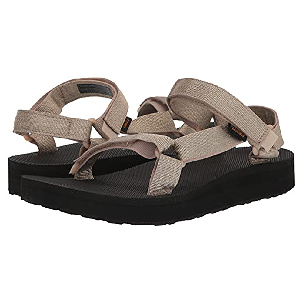 A pair of beige Teva Midform Universal womens sandals with open toes, black soles, and water-ready universal straps, shown side by side on a white background.