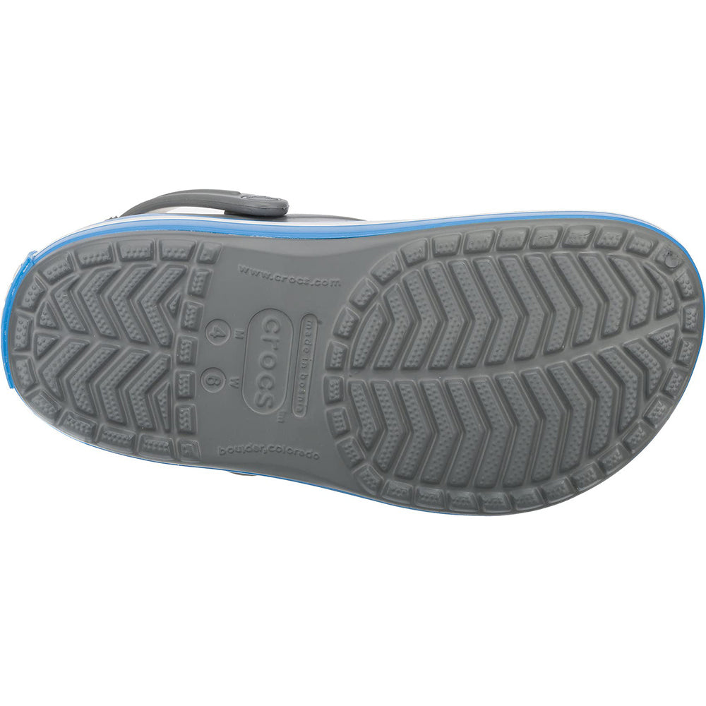 The image shows the sole of a gray Crocs Crocband Clog Seasonal Colors - Unisex, featuring a textured non-slip tread and blue trim. The Crocs logo and website appear at the center. Shop now for comfort and style in every step.