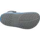 The image shows the sole of a gray Crocs Crocband Clog Seasonal Colors - Unisex, featuring a textured non-slip tread and blue trim. The Crocs logo and website appear at the center. Shop now for comfort and style in every step.