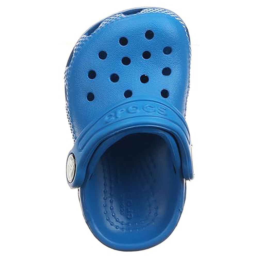A single blue Crocs Classic Clog - Kids sandal with ventilation holes on top and a pivoting heel strap, seen from above.