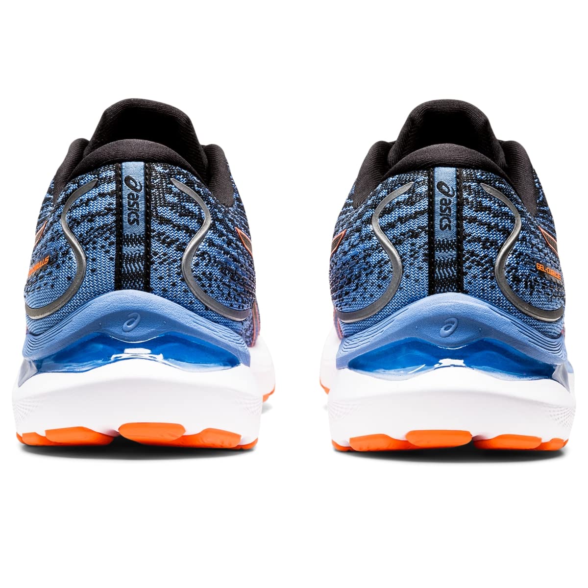 Rear view of a pair of ASICS Gel Cumulus 24 - Mens running shoes with blue and black uppers, orange accents, white FF BLAST-cushioned midsoles, and orange outsoles—an ideal everyday trainer on a white background.