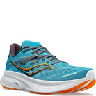 The Saucony Guide 16 Running Shoe - Mens features a blue mesh upper for breathability, orange and dark gray accents, gray laces, a cushioned white sole, and a curved design for comfort and support on every run.