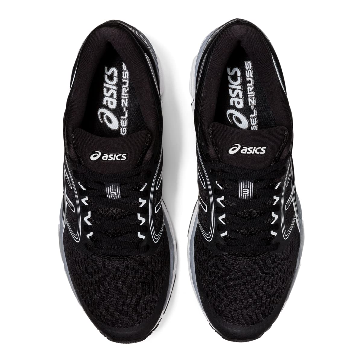 Top view of ASICS Gel-Ziruss 3 mens running shoes in black with white and silver accents and brand details, placed side by side on a white background.