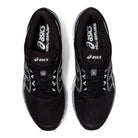 Top view of ASICS Gel-Ziruss 3 mens running shoes in black with white and silver accents and brand details, placed side by side on a white background.