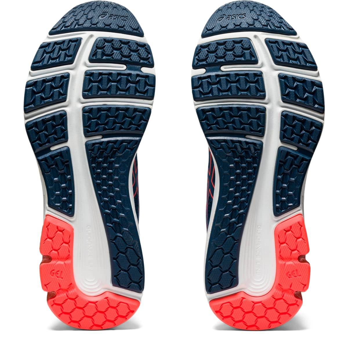 The image displays the soles of the ASICS GEL-PULSE 12 - Womens, featuring a dark blue design with white grooves and a bright coral toe section, highlighting grip and cushioning from the AmpliFoam midsole.