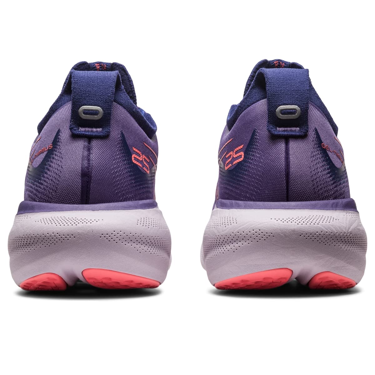 The image shows the back view of ASICS Gel Nimbus 25 - Womens shoes in purple and pink, with “25” on the heel and thick soles featuring pink accents. These ASICS running shoes offer lightweight cushioning and comfort.