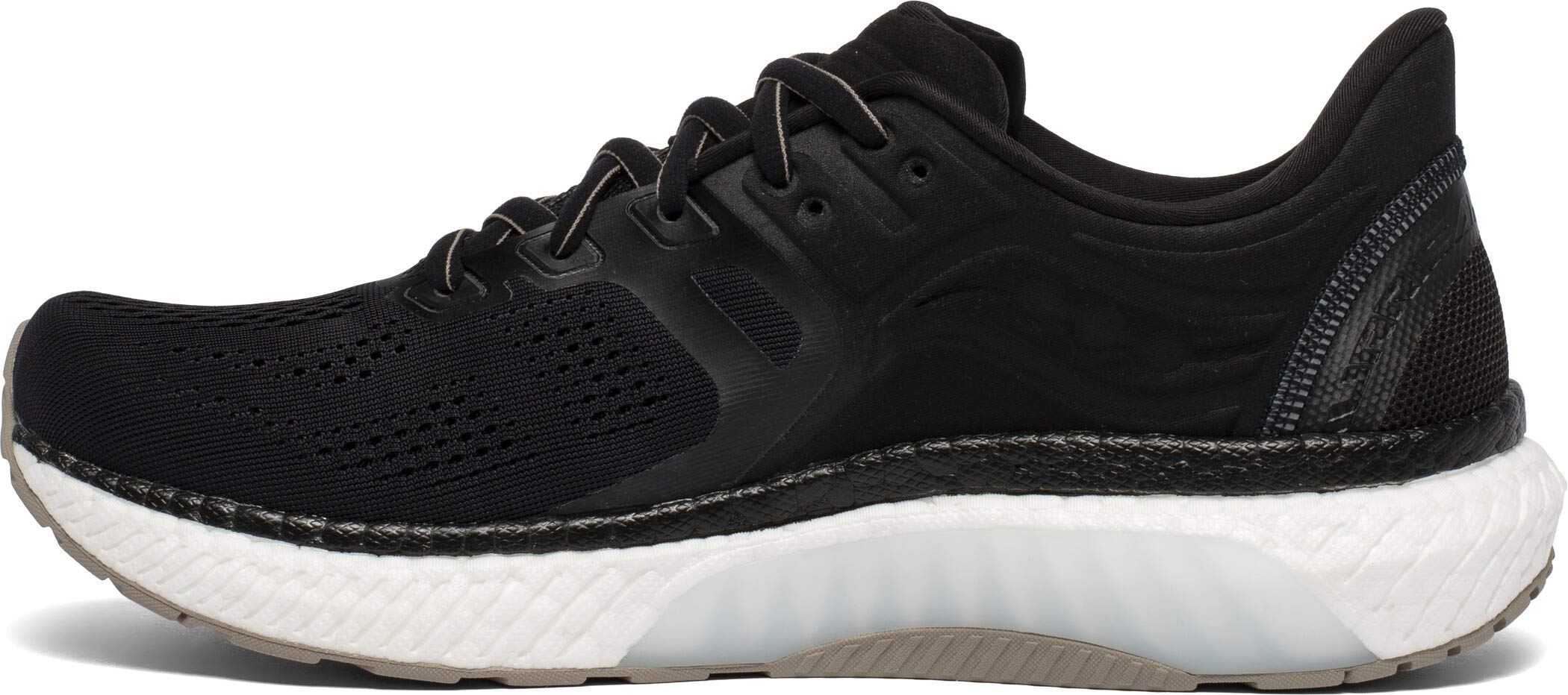 The Saucony Triumph 18 Running Shoe for men is a black luxury running shoe with a white cushioned sole, grey tread, breathable mesh upper, black laces, and PWRRUN+ cushioning for enhanced comfort.