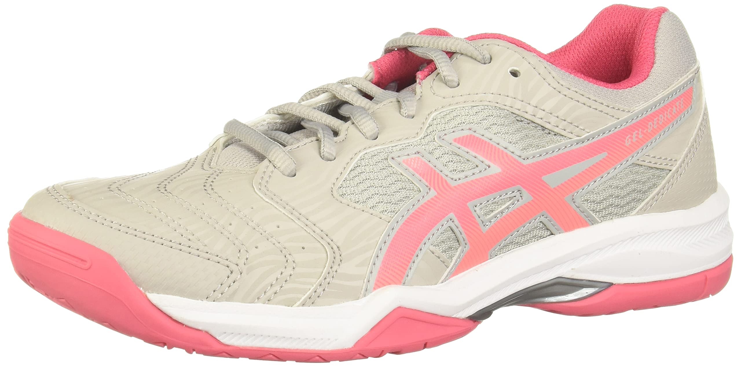 The ASICS GEL-DEDICATE 6 - Womens features a light gray upper, bright pink accents and laces, pink sole and logo, a white midsole, and pink interior lining—ideal for the tennis court.