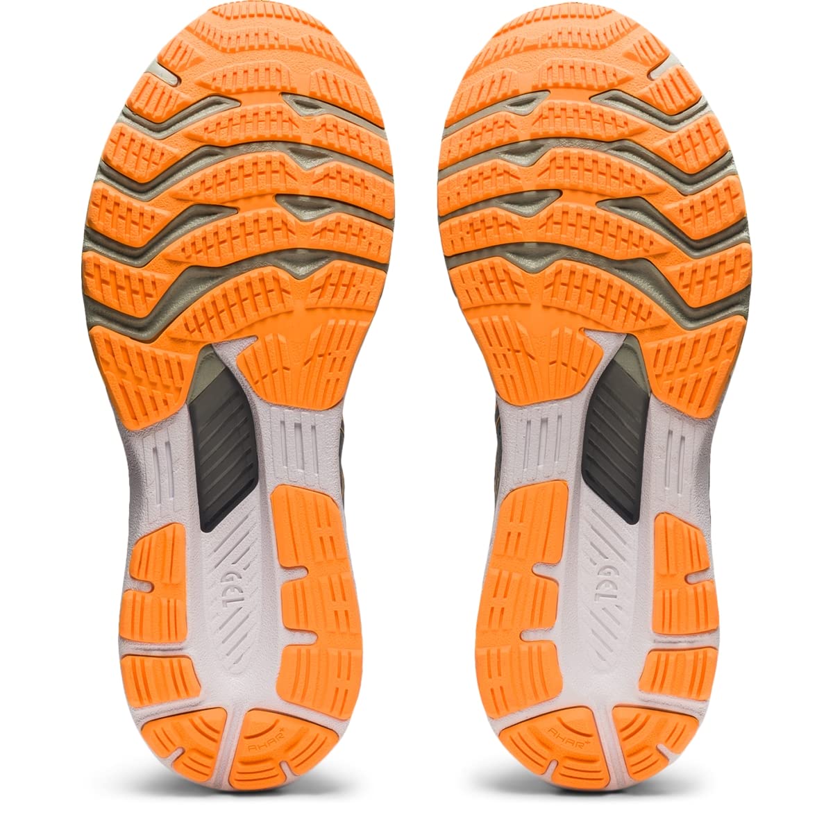 The image displays the orange and gray outsoles of the ASICS Gel Kayano 28 - Mens, featuring textured tread for grip and flexibility. Both shoes are side by side with soles facing upward.