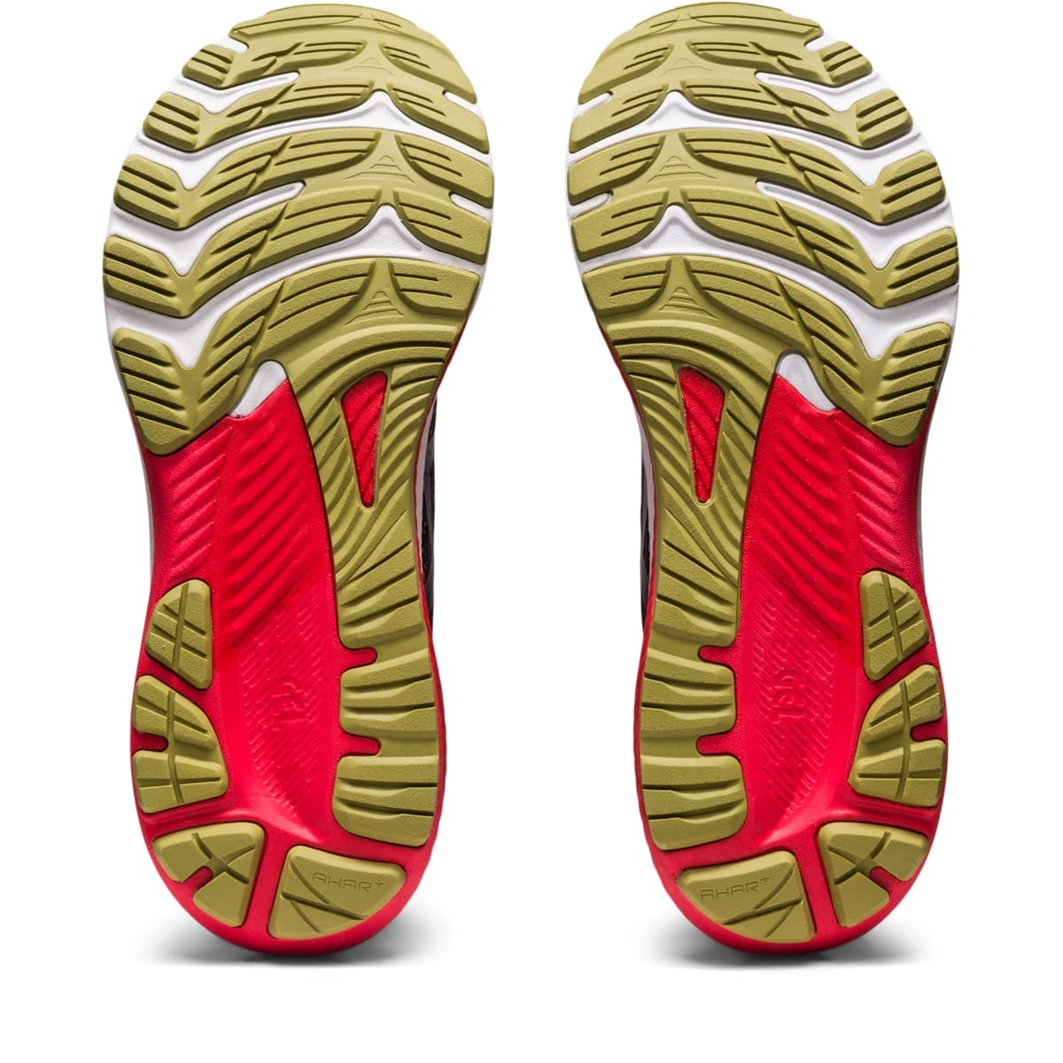 The image displays the soles of ASICS Gel Kayano 29 - Mens running shoes with olive green, white, and vibrant red tread for traction and stability, positioned side by side with soles facing up.