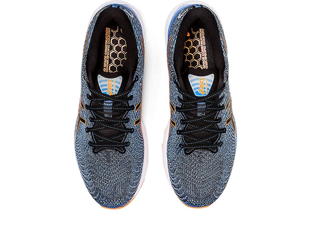 Top view of ASICS Gel Cumulus 24 - Mens blue and black running shoes with white soles, black laces, honeycomb insole pattern, and FF BLAST cushioning for all-day comfort.