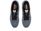 Top view of ASICS Gel Cumulus 24 - Mens blue and black running shoes with white soles, black laces, honeycomb insole pattern, and FF BLAST cushioning for all-day comfort.