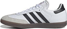 The adidas Samba OG - Men features a white leather upper with black stripes, gum sole, suede toe cap, and padded tongue—all shown in a side profile, making it an ideal choice for street style.