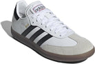 The adidas Samba OG - Men in Cloud White/Core Black/Gum features a sleek leather upper, black stripes, beige suede toe cap, gum sole, and gold Samba branding—finished with an adidas logo tongue for timeless street style.