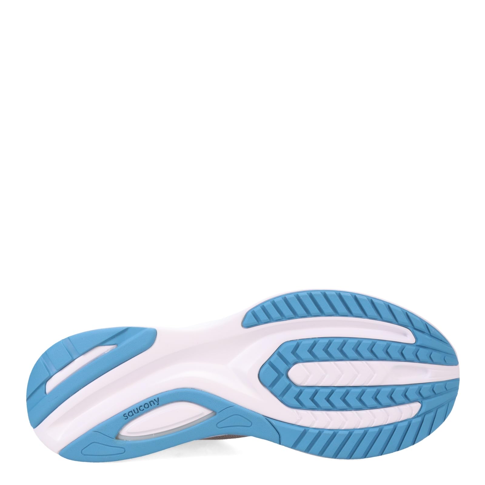 The image shows the sole of the Saucony Ride 15 - Men, a white running shoe featuring blue rubber grips and tread patterns. The Saucony logo appears on the left side of the sole.