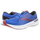 The Brooks Transcend 7 - Men is a blue running shoe with black and red accents, mesh uppers, and white cushioned soles for plush support.