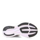 The image displays the sole of the Saucony Ride 15 - Womens running shoe, featuring a white base with black rubber tread for traction and flexibility. PWRRUN cushioning offers comfort, with Saucony branding visible near the heel.