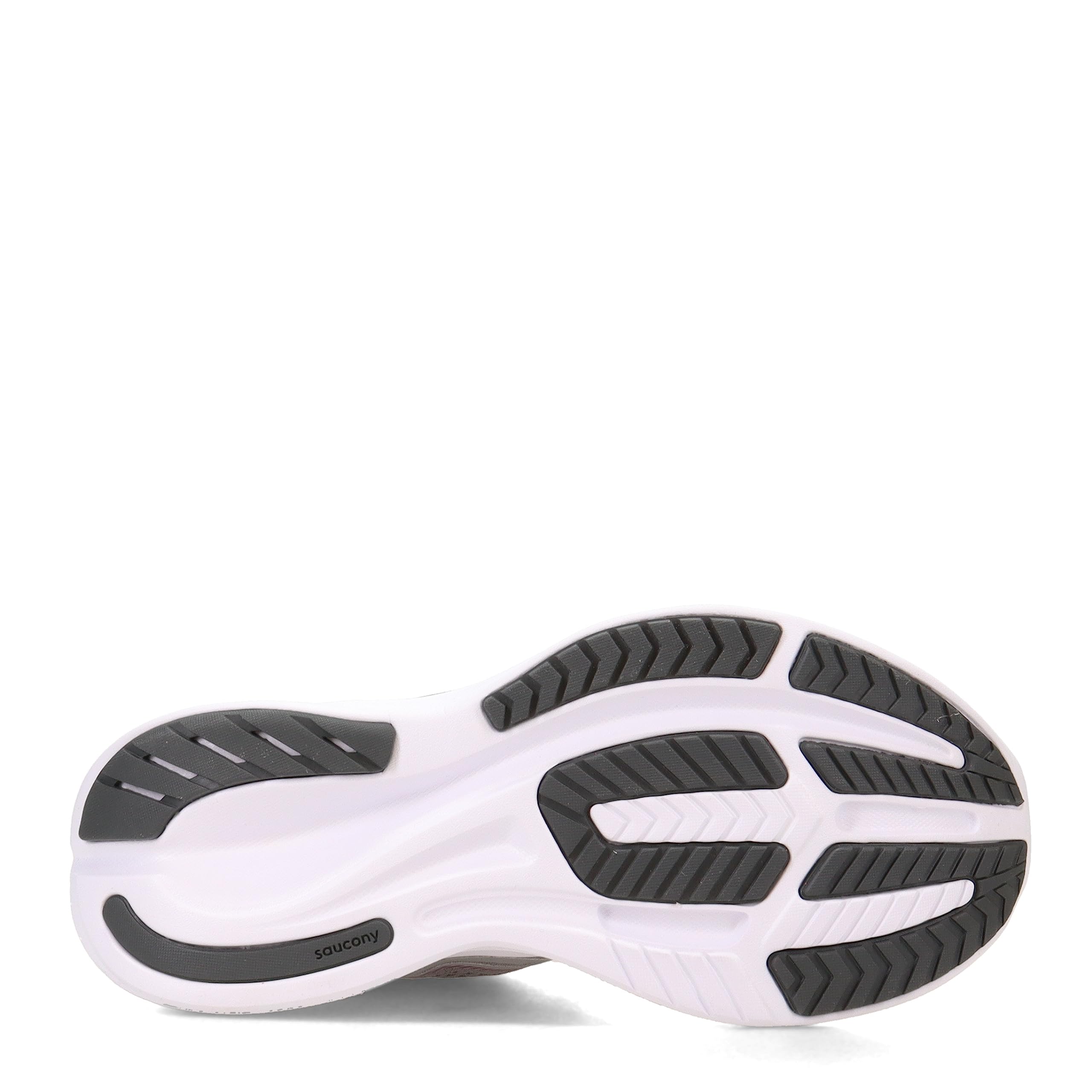 The image displays the sole of the Saucony Ride 15 - Womens running shoe, featuring a white base with black rubber tread for traction and flexibility. PWRRUN cushioning offers comfort, with Saucony branding visible near the heel.