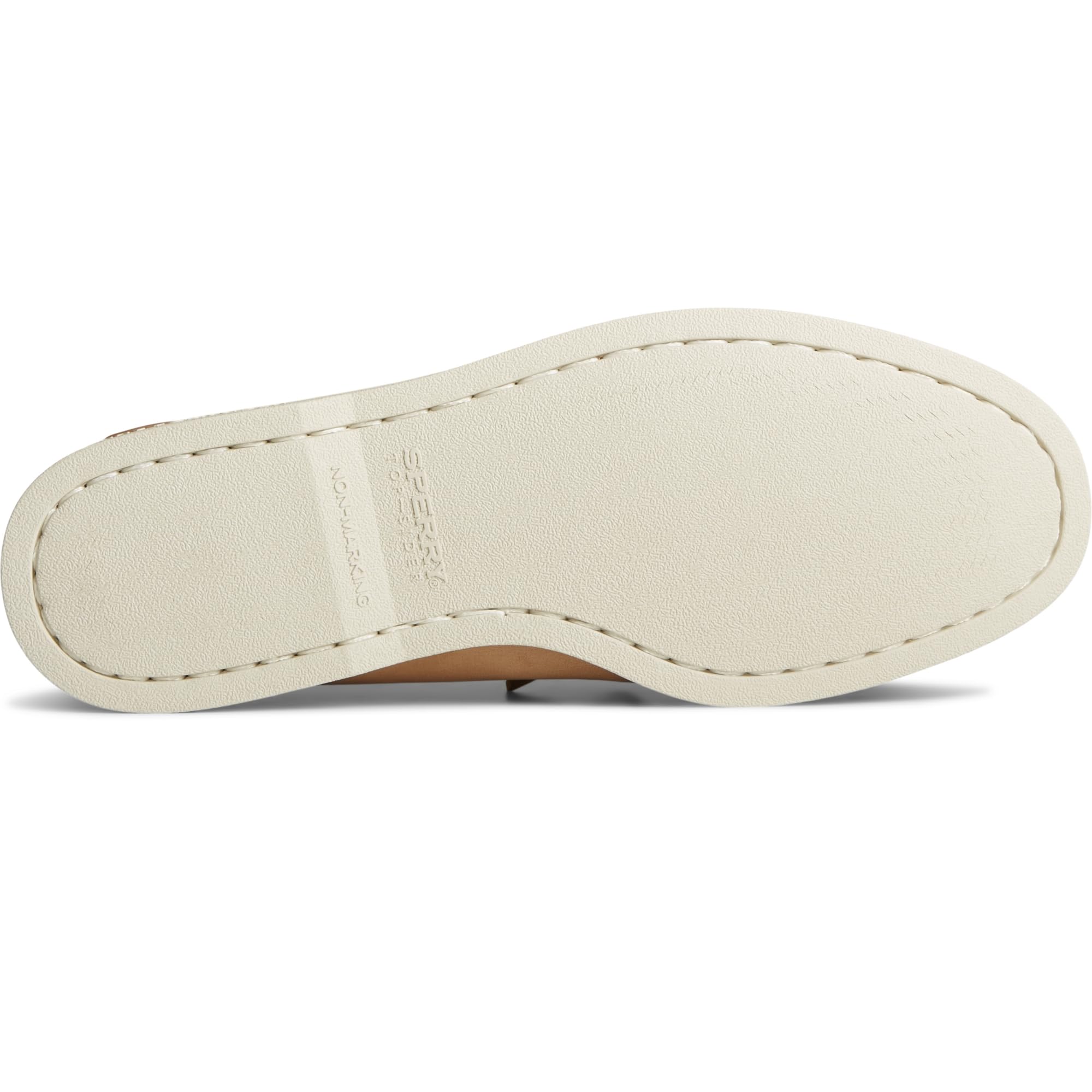 Close-up of the sole on the Sperry A/O 2-EYE LEATHER mens boat shoe in beige, highlighting detailed edge stitching and subtle surface texture. Sperry and Non-Marking are embossed on the sole.