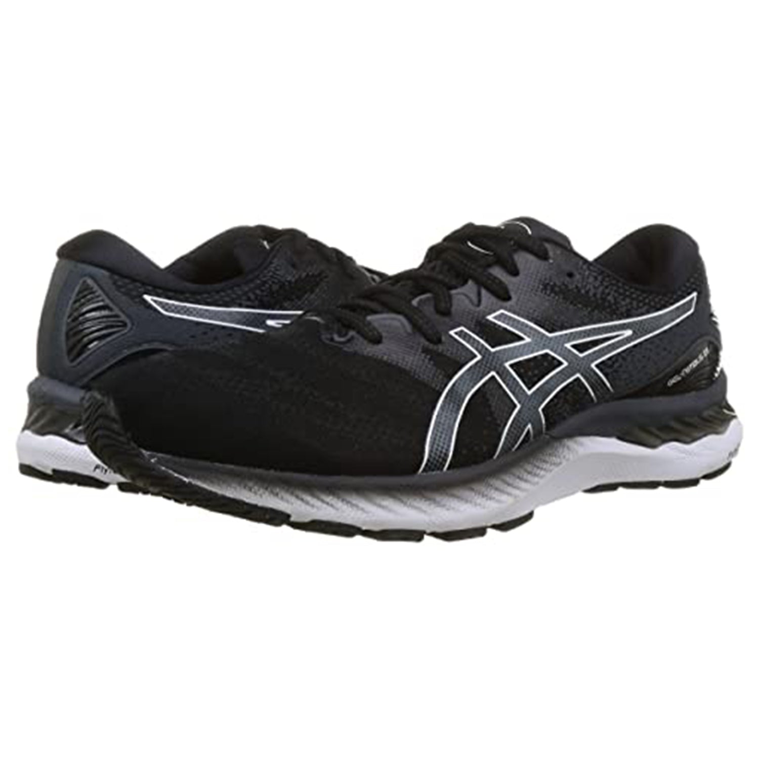 The ASICS Nimbus 23 - Mens running shoes feature a black design with white and gray details, a white midsole, and the ASICS logo on the sides for enhanced shock absorption.