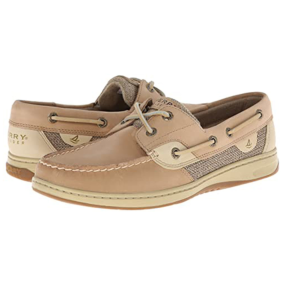 A pair of Sperry Bluefish - Women boat shoes featuring tan and beige leather uppers, laces, white stitching, textured side panels, and durable rubber soles.