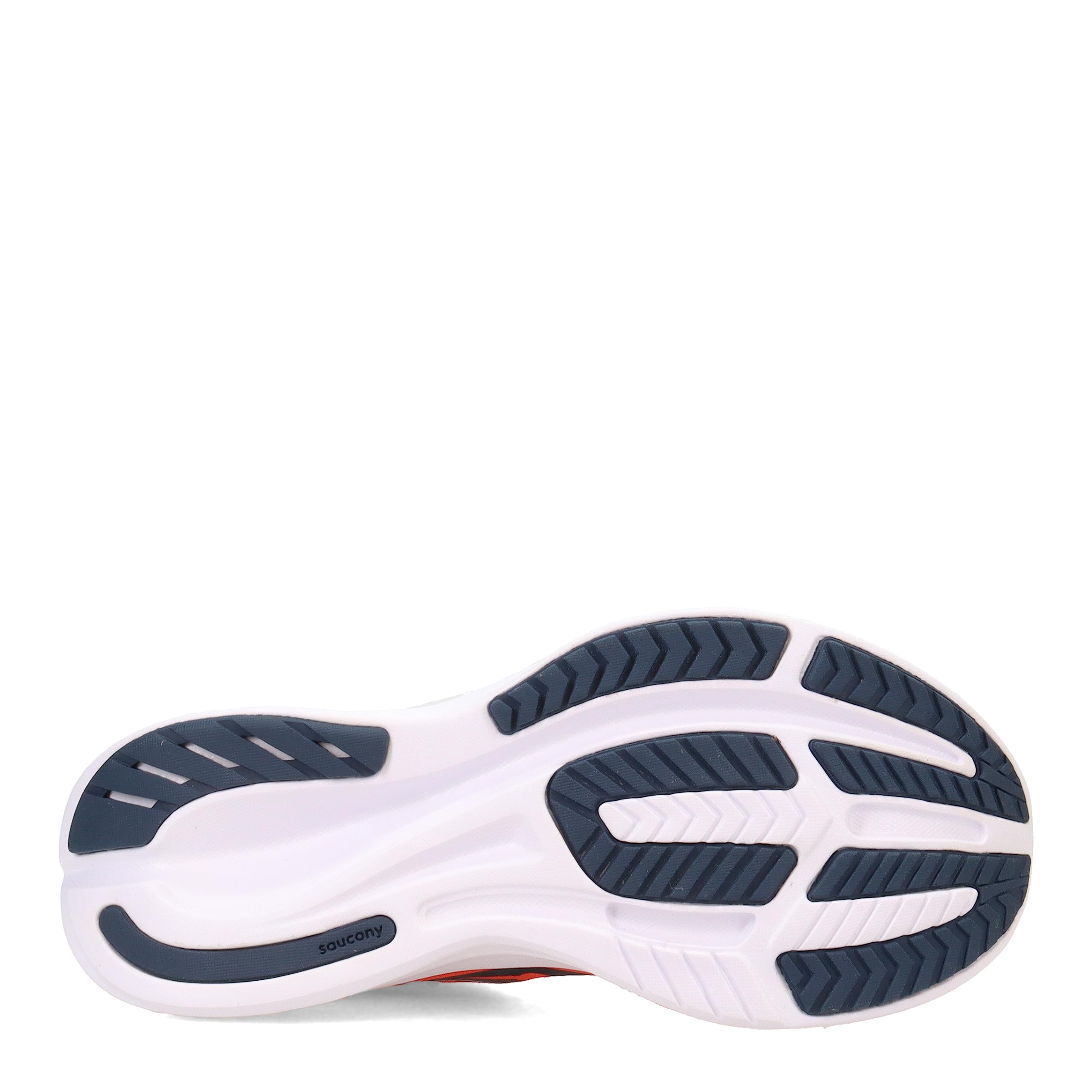 The image shows the sole of the Saucony Ride 15 - Womens running shoe, with a white base, dark blue rubber traction patterns and grooves for grip. The Saucony logo appears near the heel.