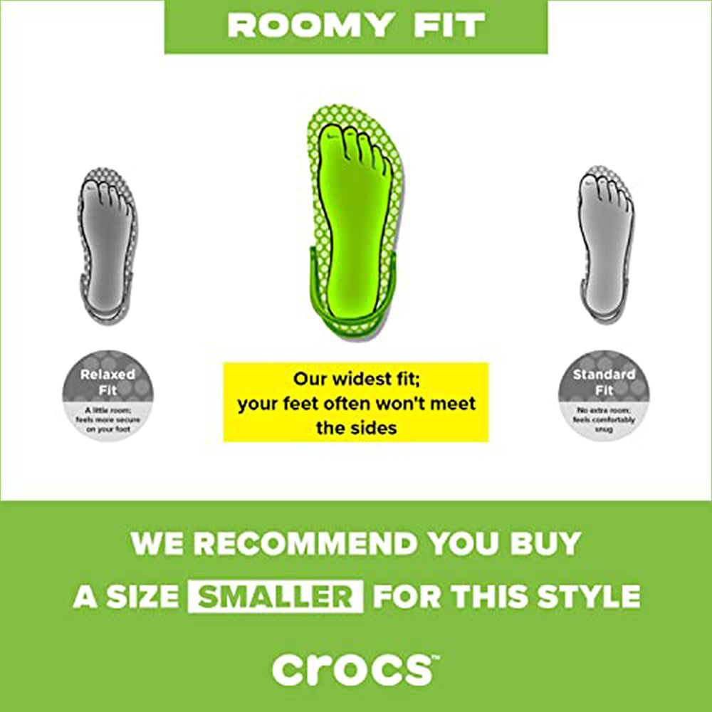 Infographic compares Crocs fit styles: Relaxed, Roomy (widest, shown in green), and Standard. For Roomy Fit—ideal for water shoes like the Crocs Classic Camo Clog – Unisex—consider sizing down. Crocs logo featured at bottom.