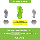 Infographic compares Crocs fit styles: Relaxed, Roomy (widest, shown in green), and Standard. For Roomy Fit—ideal for water shoes like the Crocs Classic Camo Clog – Unisex—consider sizing down. Crocs logo featured at bottom.