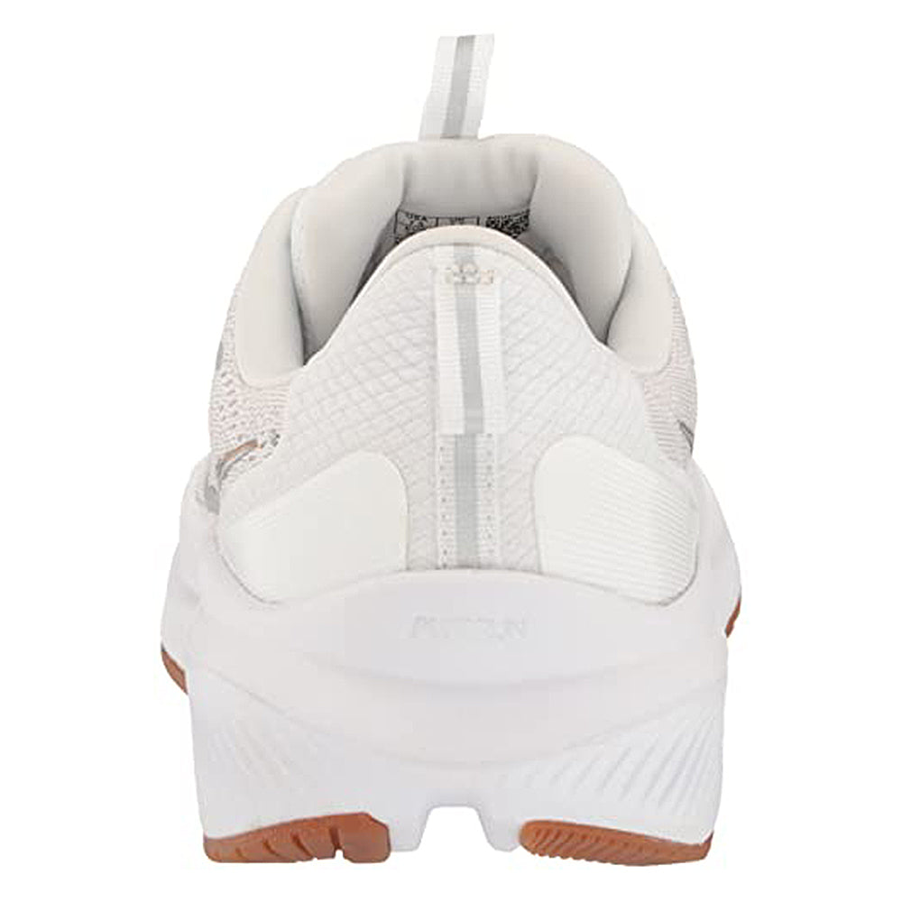 The Saucony Echelon 9 Running Shoe for women is a white athletic sneaker shown from the back, featuring a textured heel, pull tab, and white midsole with PWRRUN cushioning on a brown rubber outsole.