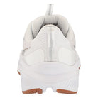 The Saucony Echelon 9 Running Shoe for women is a white athletic sneaker shown from the back, featuring a textured heel, pull tab, and white midsole with PWRRUN cushioning on a brown rubber outsole.