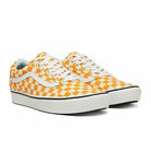 The Vans ComfyCush Old Skool - Unisex features a Checker Zinnia/True White pattern, white laces, and a white sole with black trim.