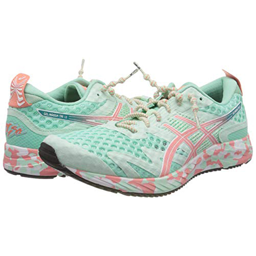 The ASICS GEL-NOOSA TRI 12 Womens running shoes feature teal and pink mesh uppers, patterned soles, FLYTEFOAM midsole cushioning, and white-pink accents, shown angled to highlight the sides and backs.