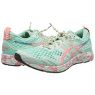 The ASICS GEL-NOOSA TRI 12 Womens running shoes feature teal and pink mesh uppers, patterned soles, FLYTEFOAM midsole cushioning, and white-pink accents, shown angled to highlight the sides and backs.