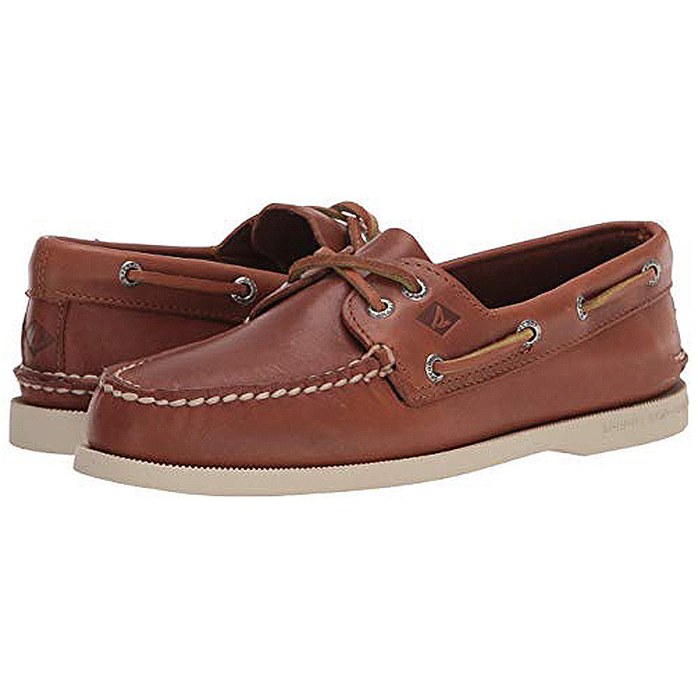 A pair of Sperry A/O 2-EYE LEATHER mens boat shoes in brown leather with white stitching, side lacing, and light rubber soles. One shoe is in front of the other, both facing right.