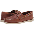 A pair of Sperry A/O 2-EYE LEATHER mens boat shoes in brown leather with white stitching, side lacing, and light rubber soles. One shoe is in front of the other, both facing right.