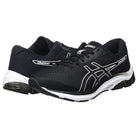 A pair of ASICS GEL-PULSE 12 mens running shoes in black with white soles and logo, featuring GEL technology, shown side by side on a plain white background.