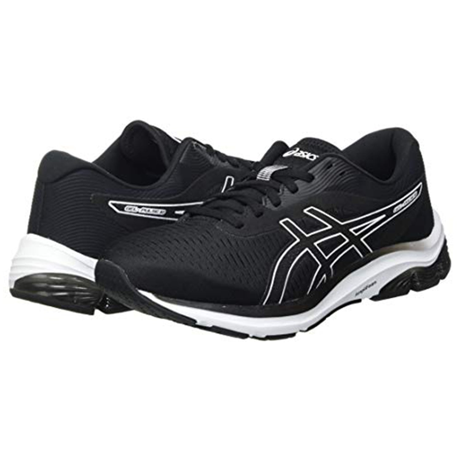 A pair of ASICS GEL-PULSE 12 mens running shoes in black with white soles and logo, featuring GEL technology, shown side by side on a plain white background.