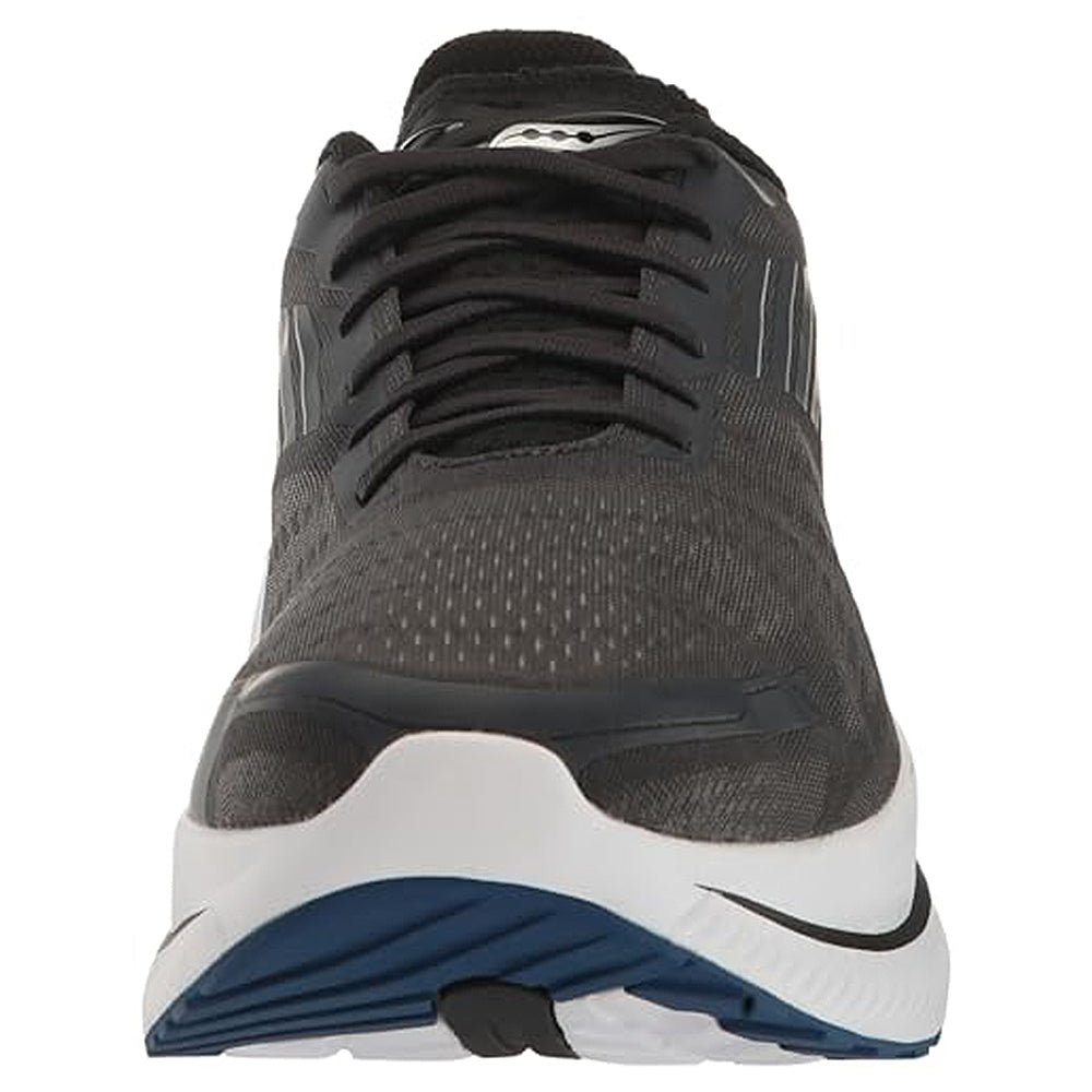 A front view of the Saucony Endorphin Shift 3 - Men shows a black athletic running shoe with black laces, a white midsole with SPEEDROLL Technology, blue and white outsole, mesh upper, and subtle grey accents.