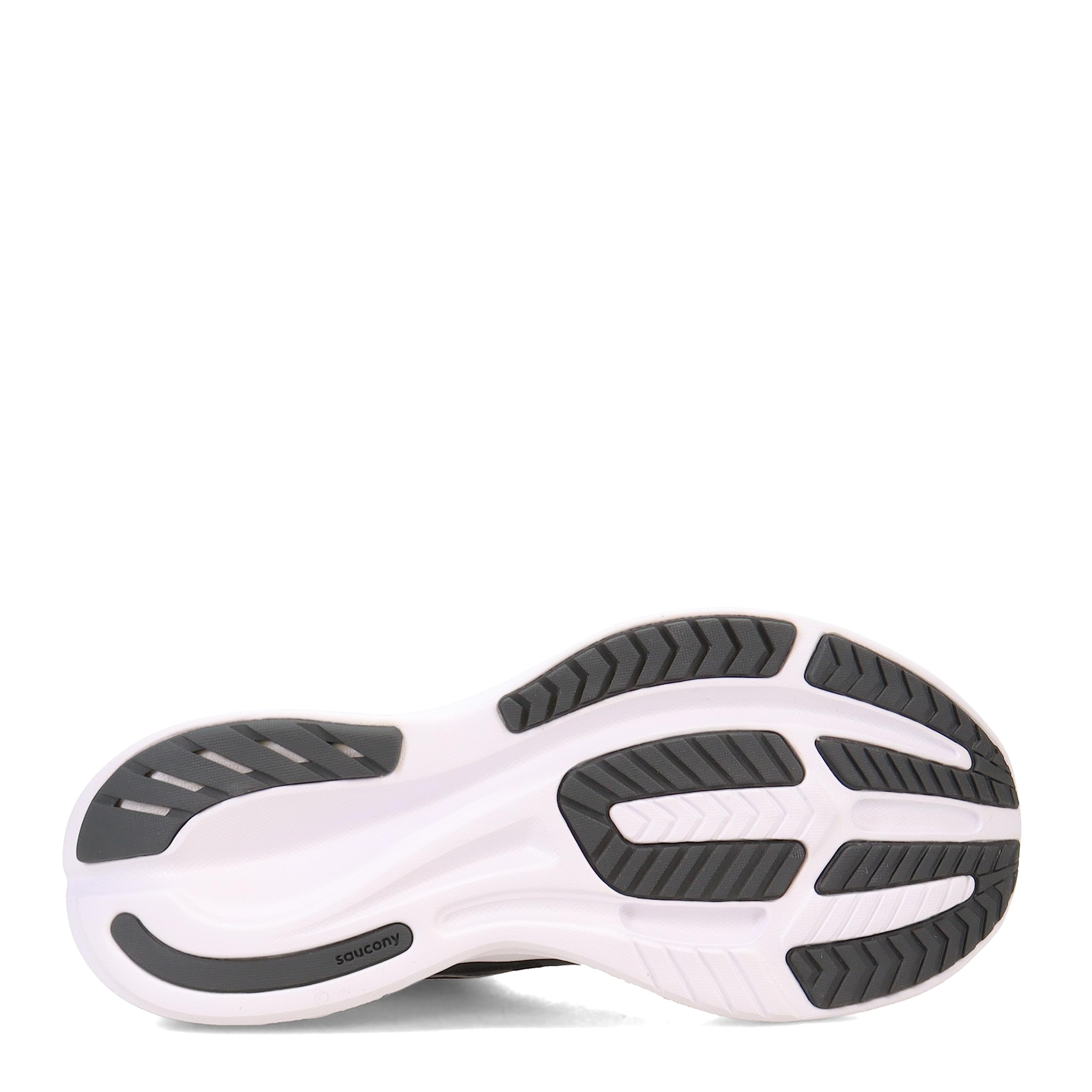 The image shows the sole of the Saucony Ride 15 - Womens running shoe, featuring a white base with black and dark gray rubber tread patterns, plus grooves and textured sections for improved grip, cushion, and flexibility.