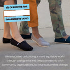 Three women wear TOMS Alpargata slip-ons in various colors on a sidewalk. The text reads “1/3 of profits for grassroots good,” highlighting sustainable change and TOMS earthwise collection’s recycled cotton materials.