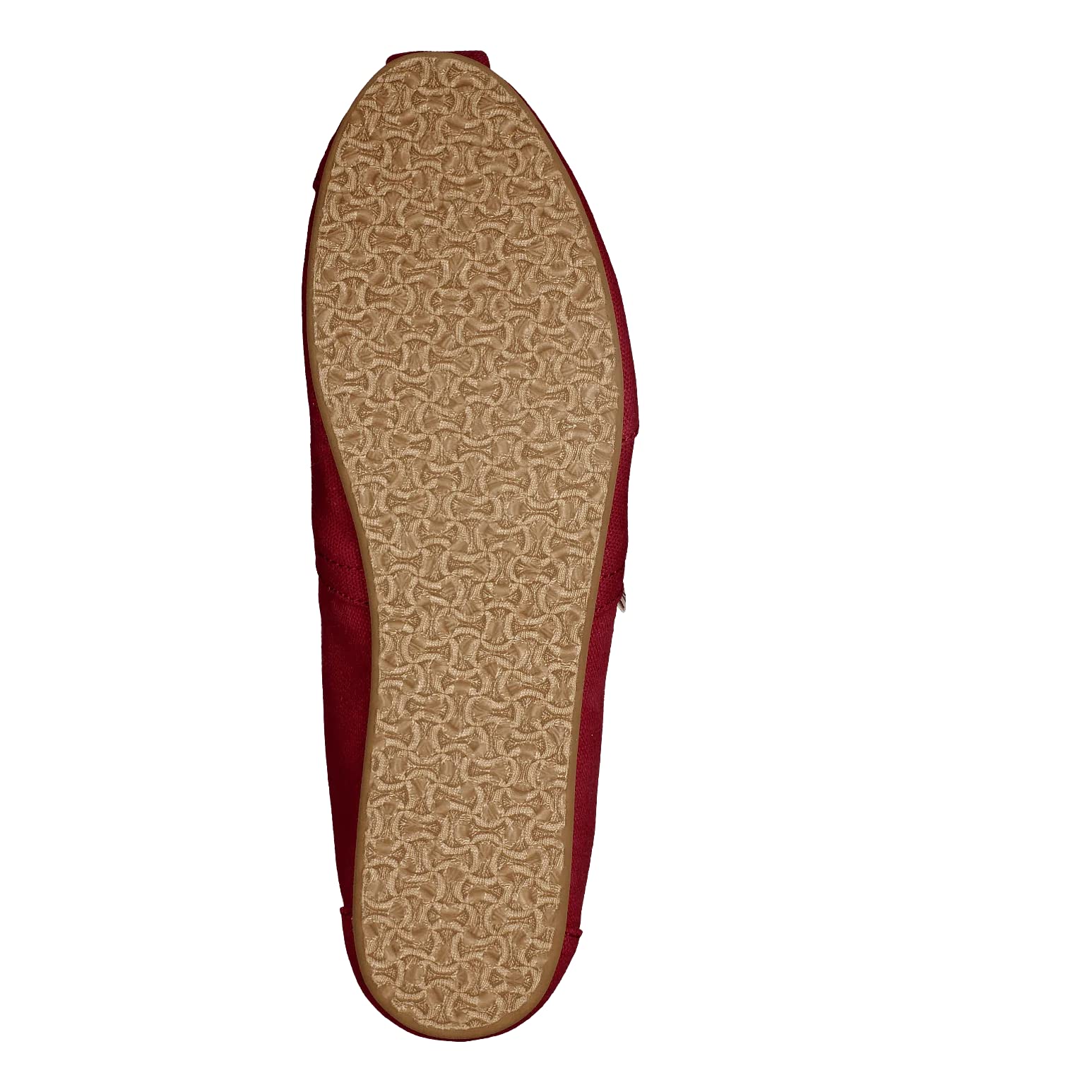 The image shows the bottom view of a red TOMS Alpargata ESP - Women slip-on with a tan, textured rubber sole featuring a repeating geometric pattern.